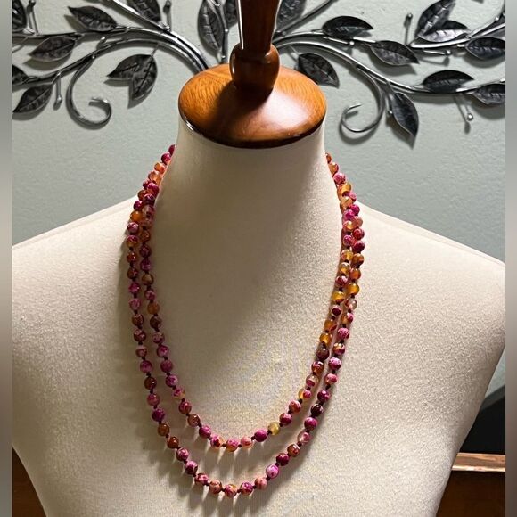 NWT BARSE Genuine Stones Elegant Pink and Orange Agate Long  Beaded Necklace - Picture 1 of 8